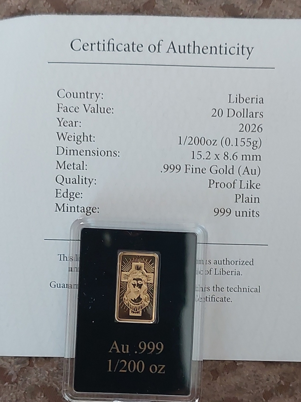 1/200 oz .999 Fine Gold Bar with Certificate - Gold